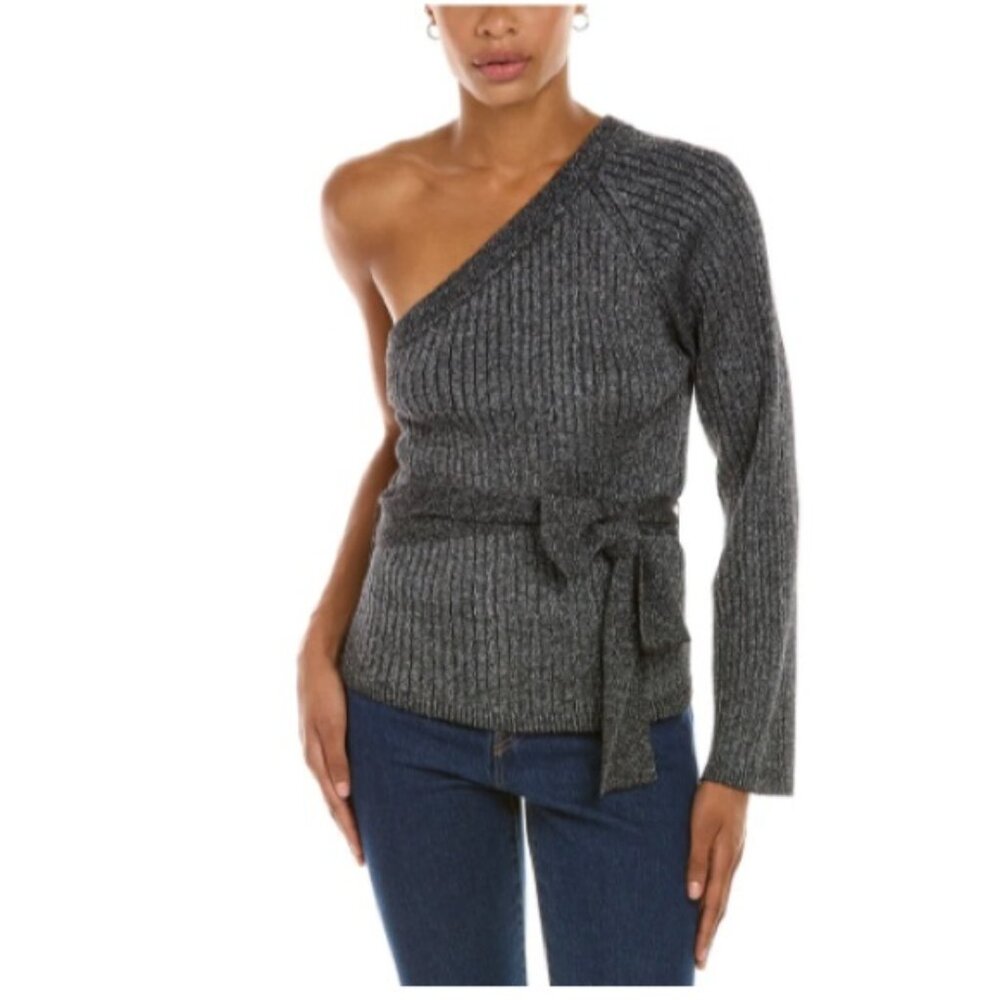 Eleven Six Alpaca Black/Silver One Shoulder Belted Waist Tie Sweater - Size M